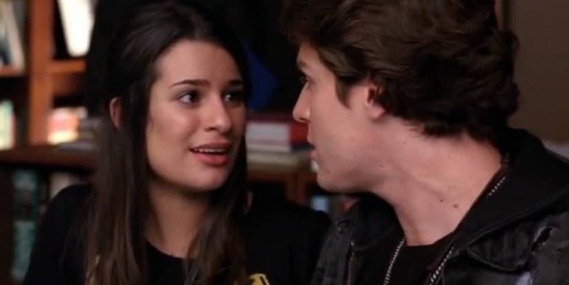 Jonathan Groff as Jesse St. James and Lea Michele as Rachel Berry look into each other's eyes on Glee