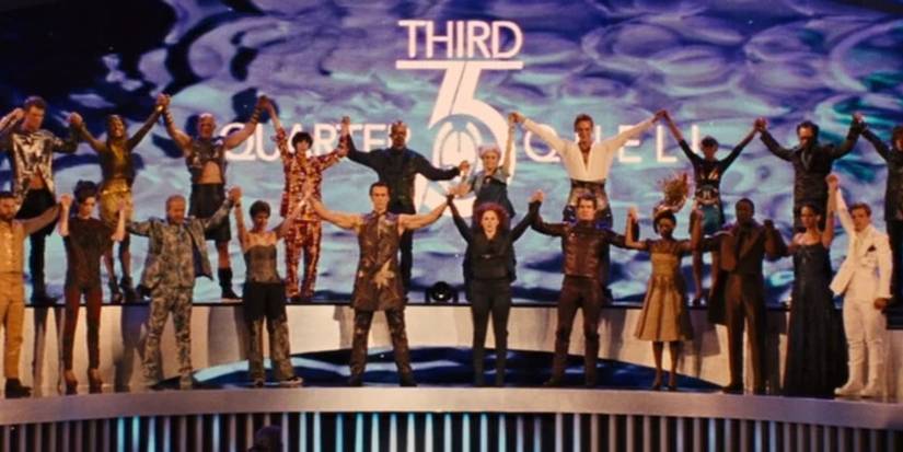 The tributes gathered on stage in the opening number of Caesar's Quarter Quell interviews in Catching Fire