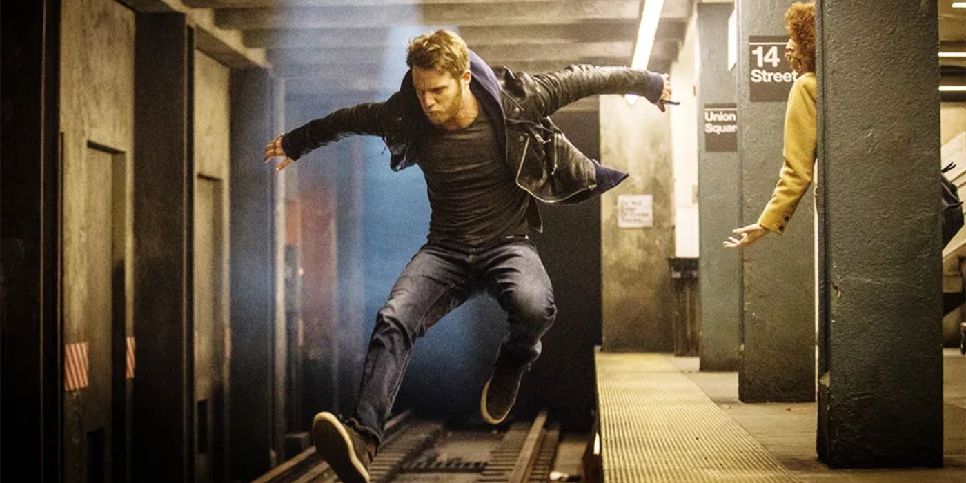Brain jumping over a train track in Limitless