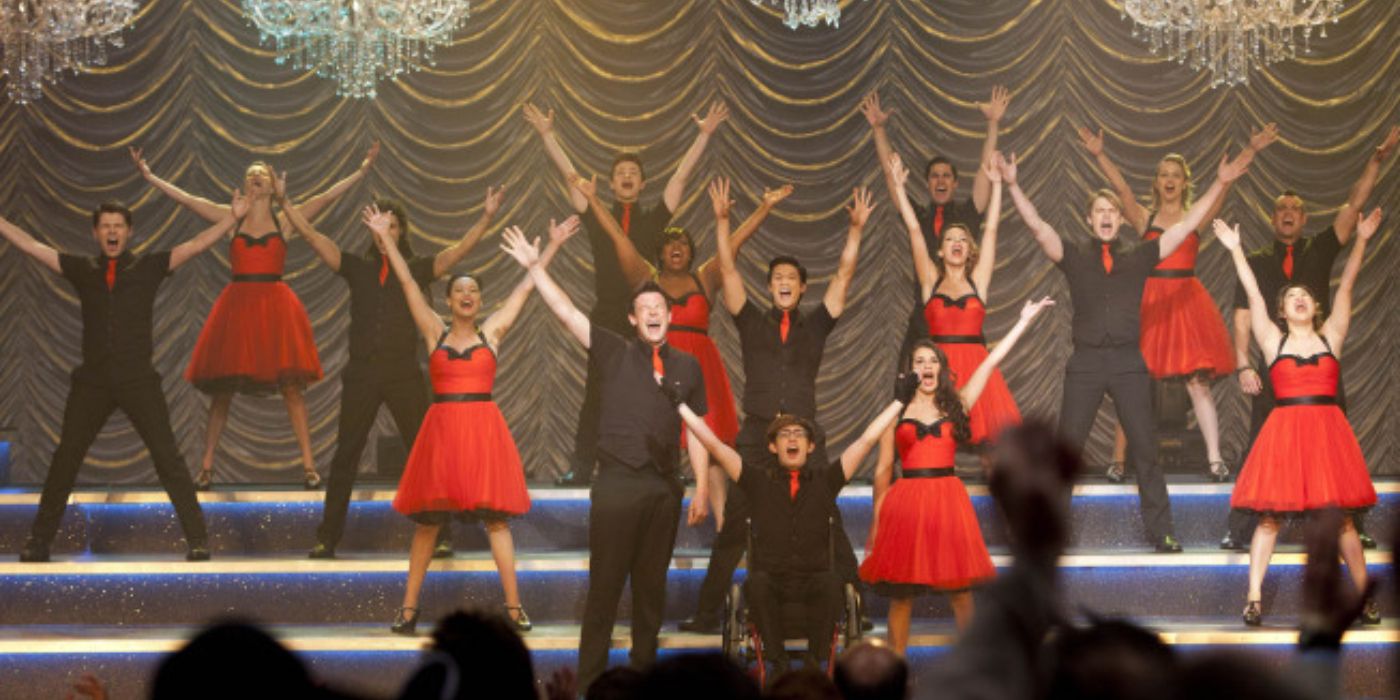 The New Directions performing at nationals in Glee season 3
