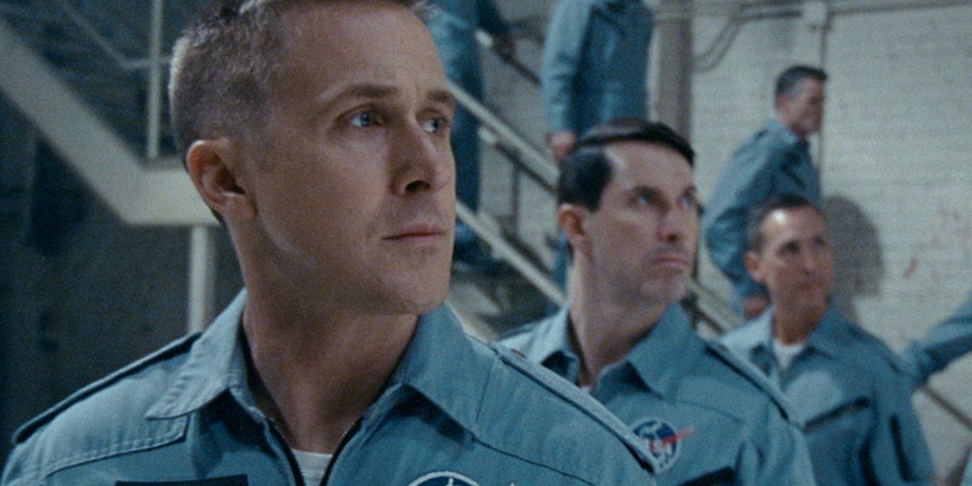 Ryan Gosling as Neil Armstrong lined up with other NASA workers in First Man