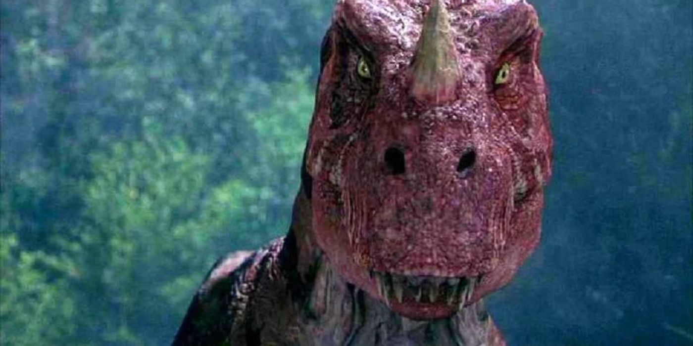 Um Ceratosaurus vermelho na natureza selvagem de Jurassic Park III