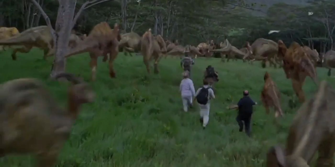 Um grupo de pesquisadores percorrendo um campo de Coritossauro em Jurassic Park III