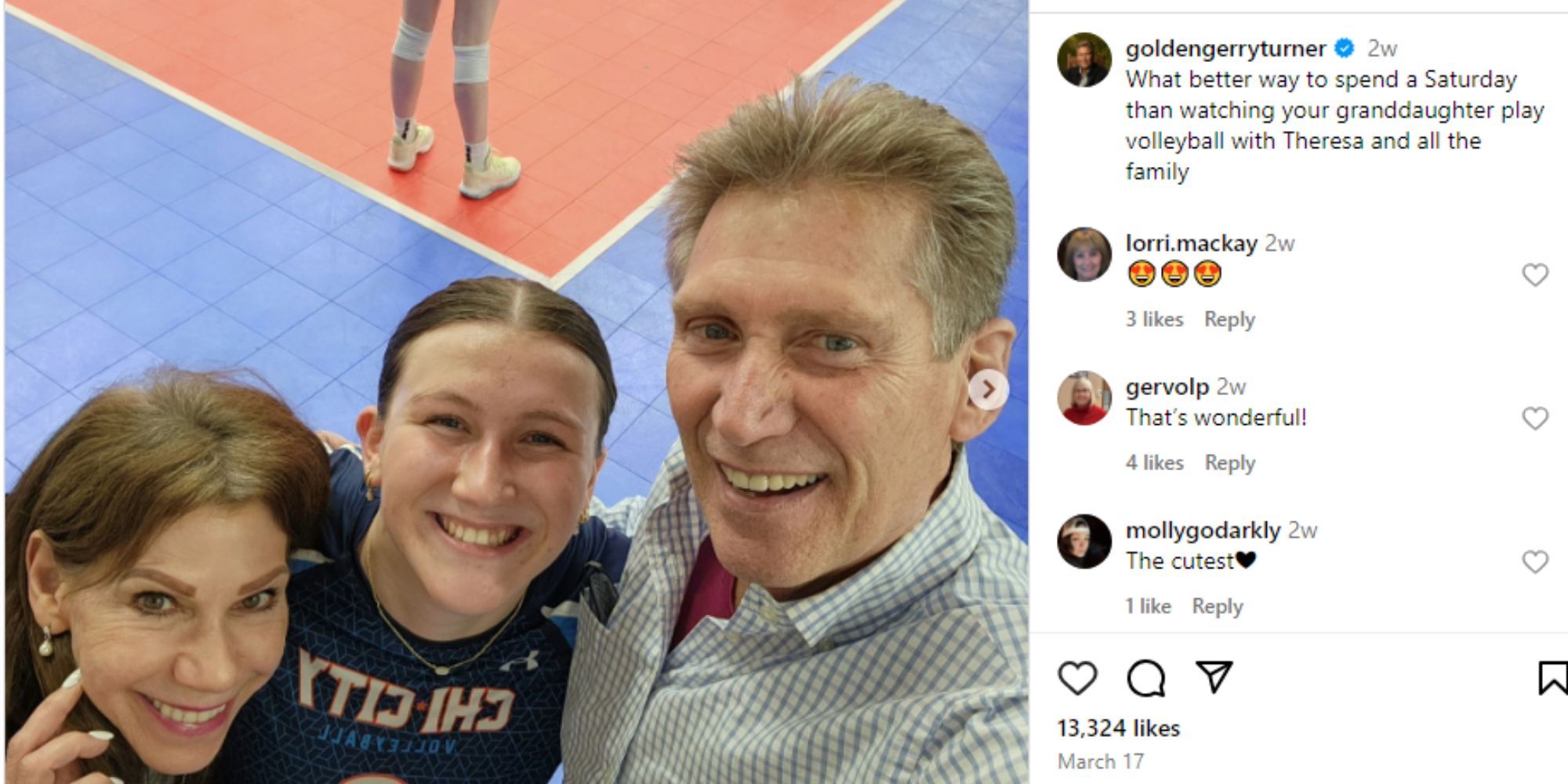 The Golden bachelor, Gerry Turner, Theresa Nist & Gerry's grandaughter posing together for a selfie at a volleyball game