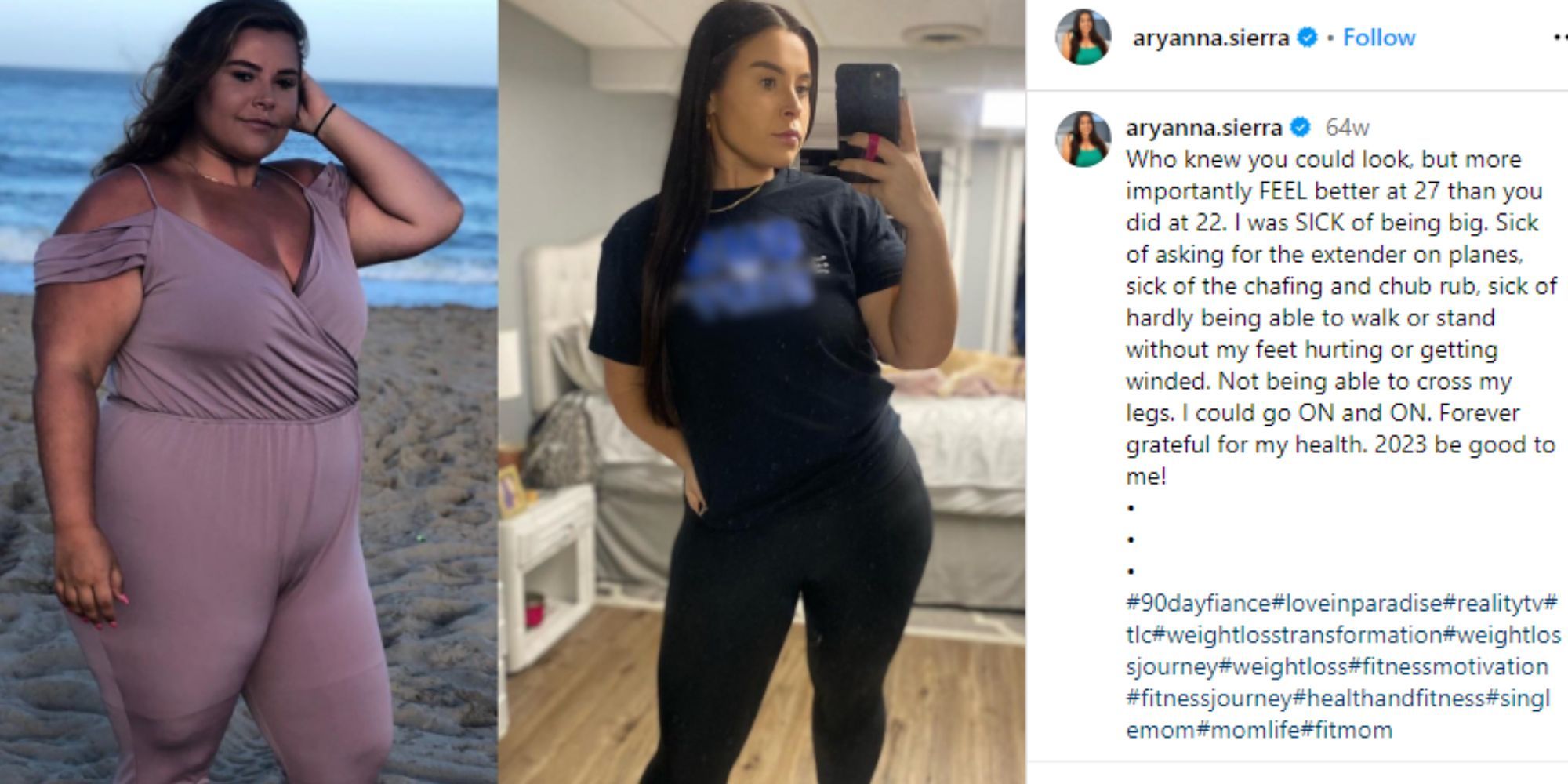 90 Day Fiance Aryanna Sierra Instagram post of before and after weight loss