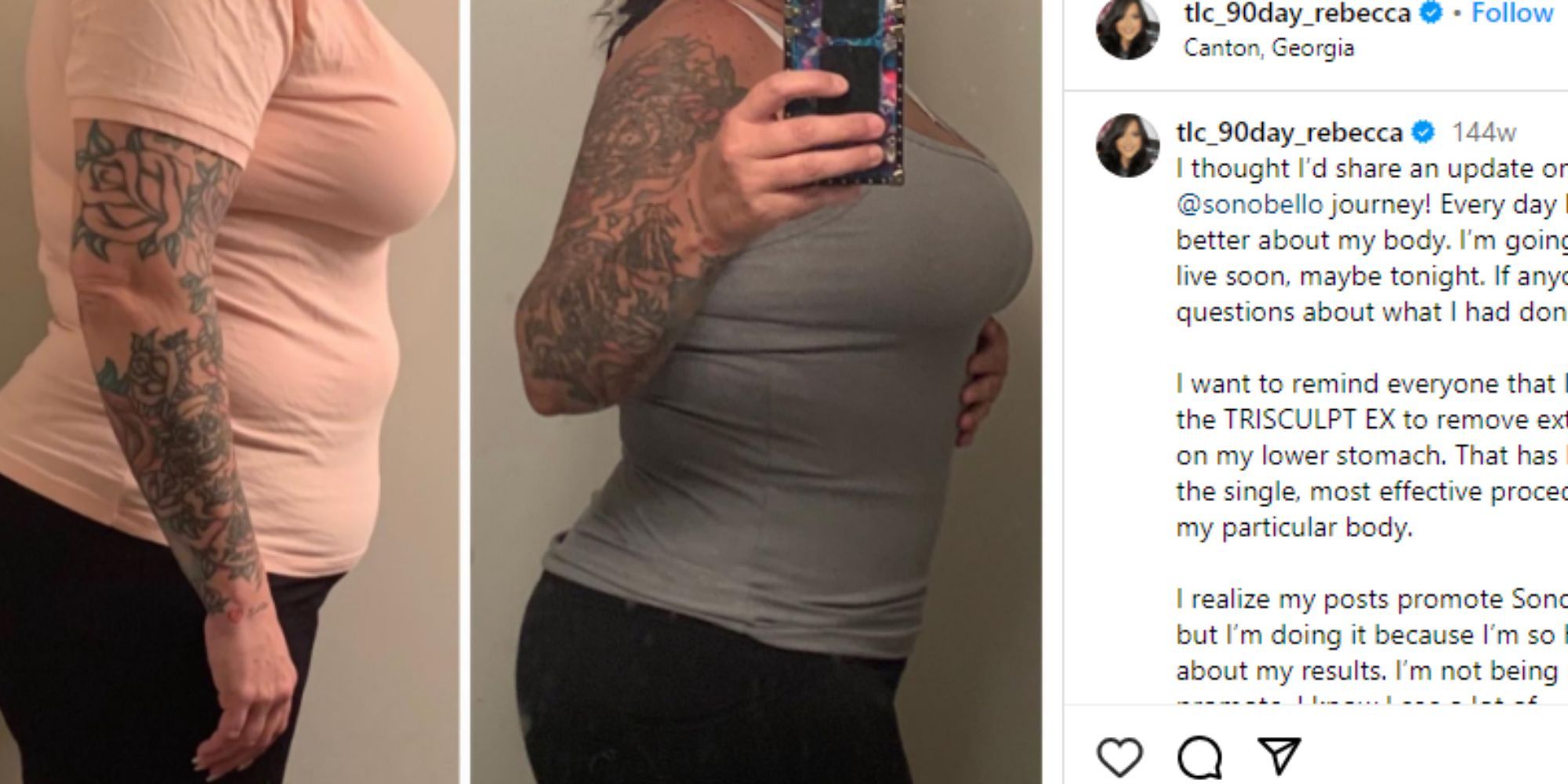 Postagem no Instagram da noiva de 90 dias, Rebecca Parrott, na qual ela vende sono bello e mostra sua perda de peso em fotos do torso do perfil lado a lado