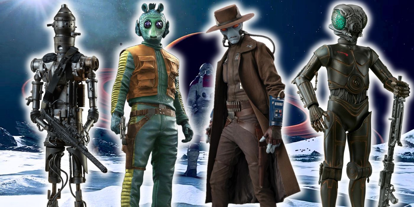 IG-88, Greedo, Cad Bane, and 4-LOM overlayed onto an image of a lone explorer in Starfield