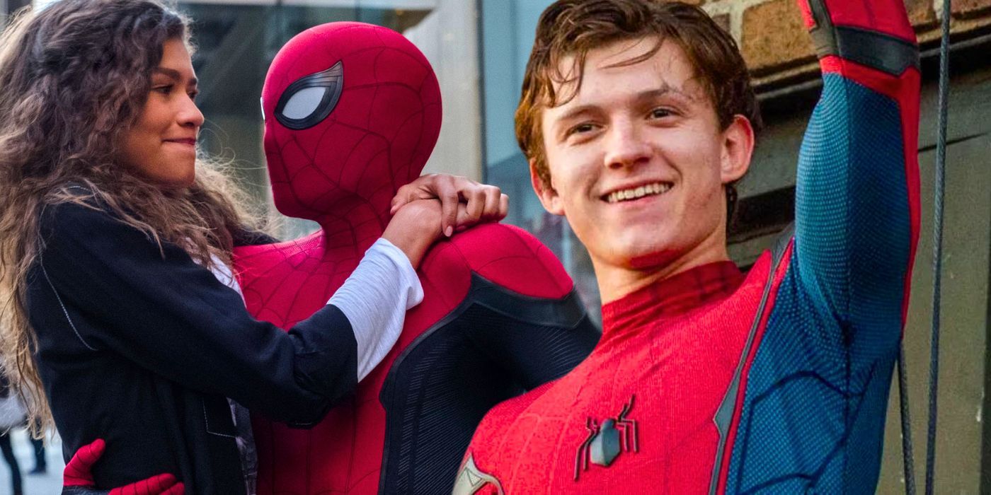 Tom Holland as Peter Parker smiling next to Spider-Man and MJ (Zendaya)