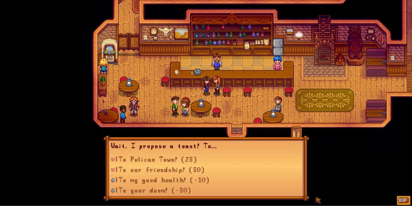 جهاز Heart Event Helper Mod أثناء قيام لاعب Stardew Valley بالدردشة مع صديق في الحانة