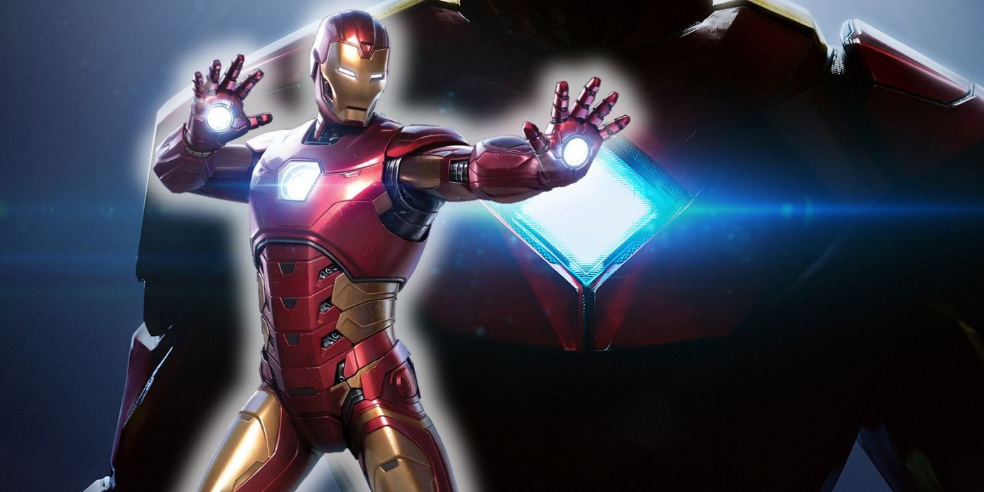 Iron Man from Marvel's Avengers alongside a close up of the Arc Reactor in his chest