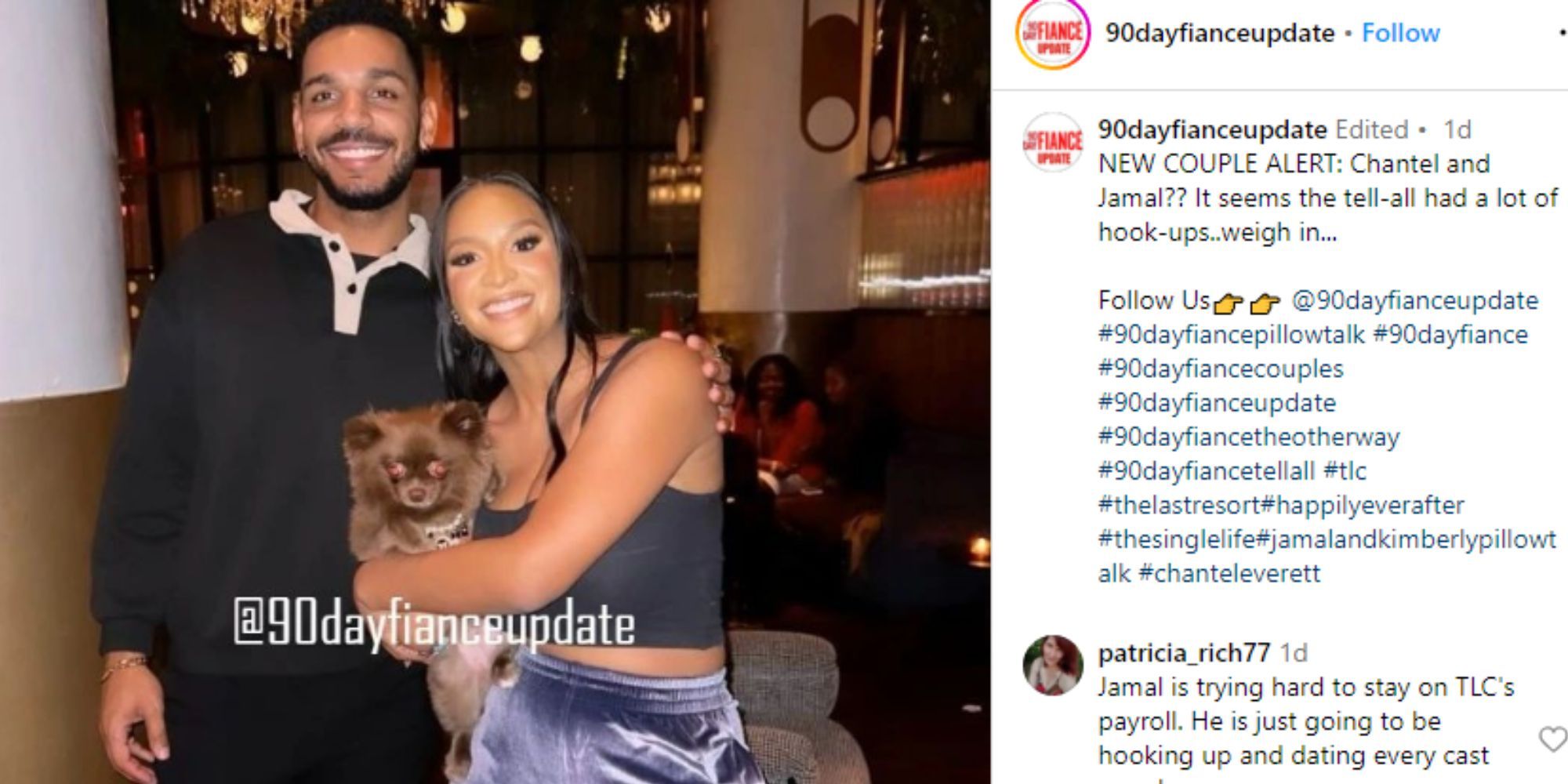 90 Day Fiance Chantel Everett & Jamal Menzies out together, posing side by side with a tiny dog