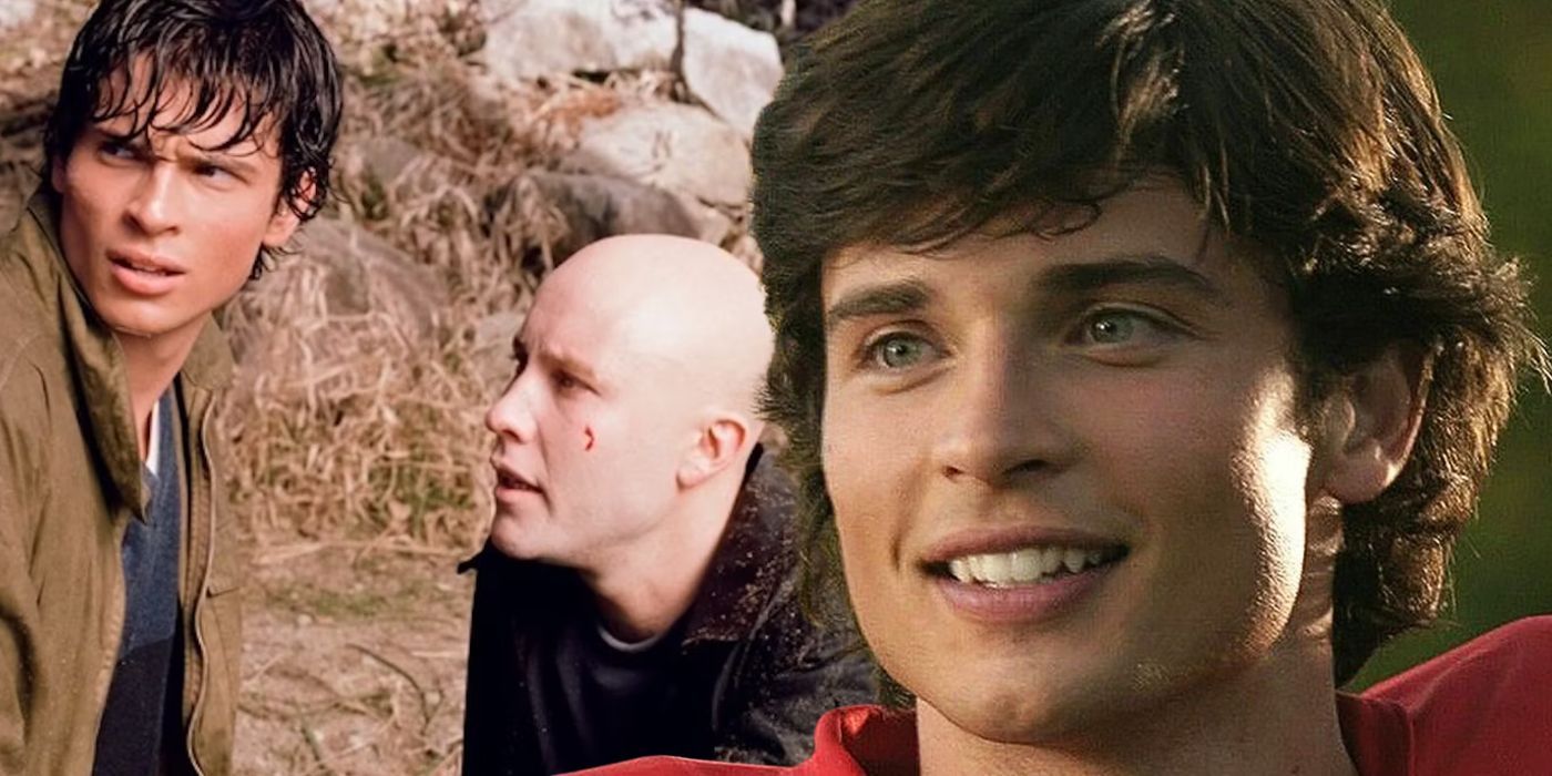 Clark Kent saving Lex Luthor in Smallville next to an image of Clark playing football