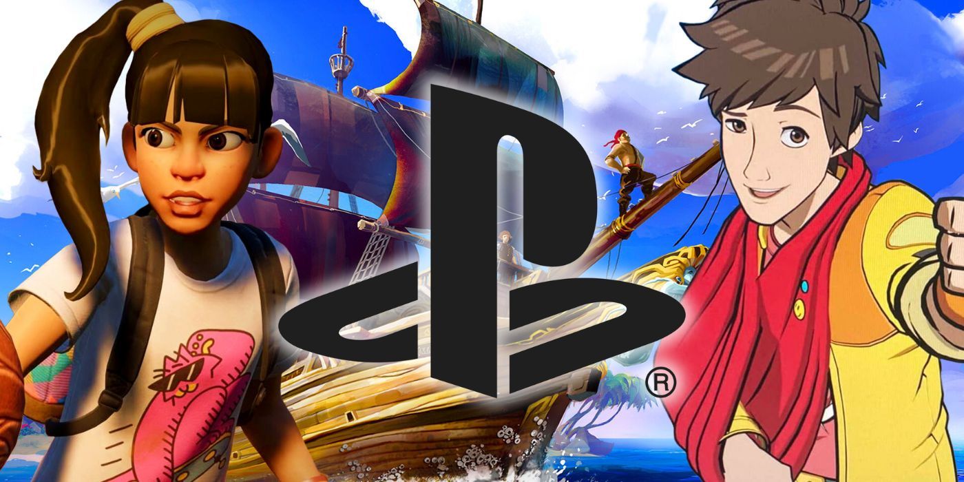 The PlayStation logo sandwiched between Chai from Hi-Fi Rush, a character from Grounded, and overlayed onto a ship from Sea of Thieves