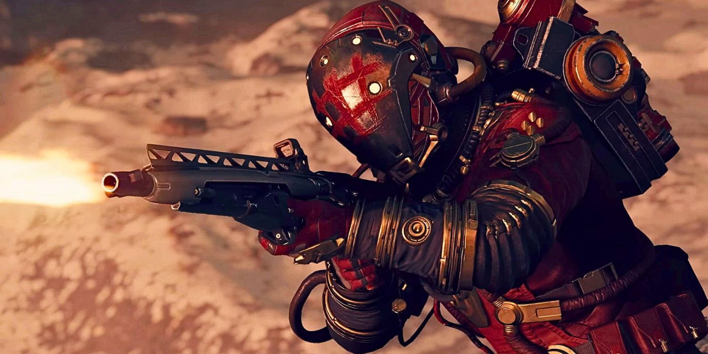 A Starfield player dressed in red armor fires a rifle