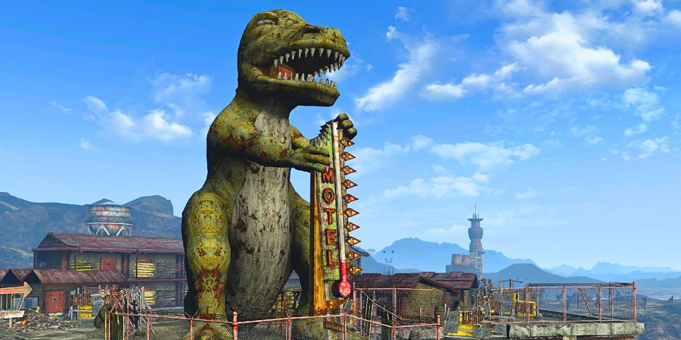 The Nipton T-Rex holding outo a Motel sign in Fallout: New Vegas