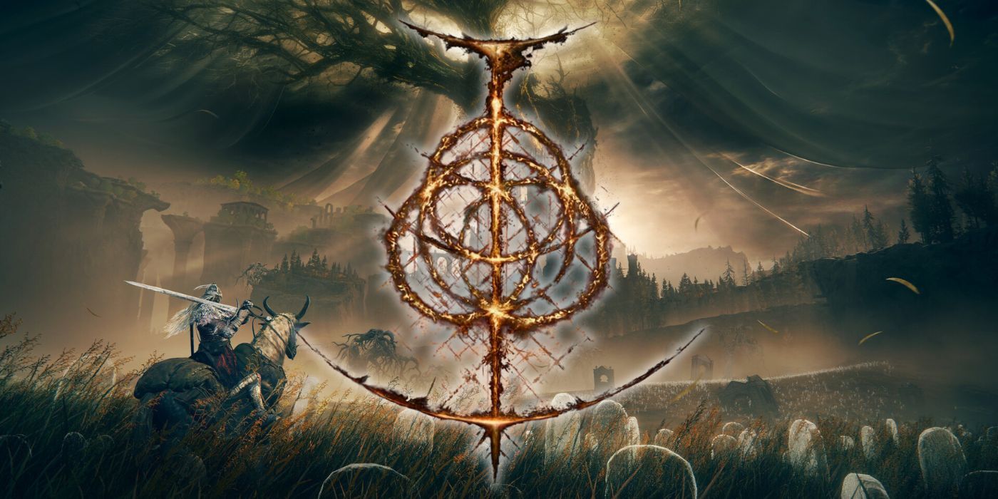 The Tarnished in Elden Ring looking at the Erdtree with the game's logo overlaid on top