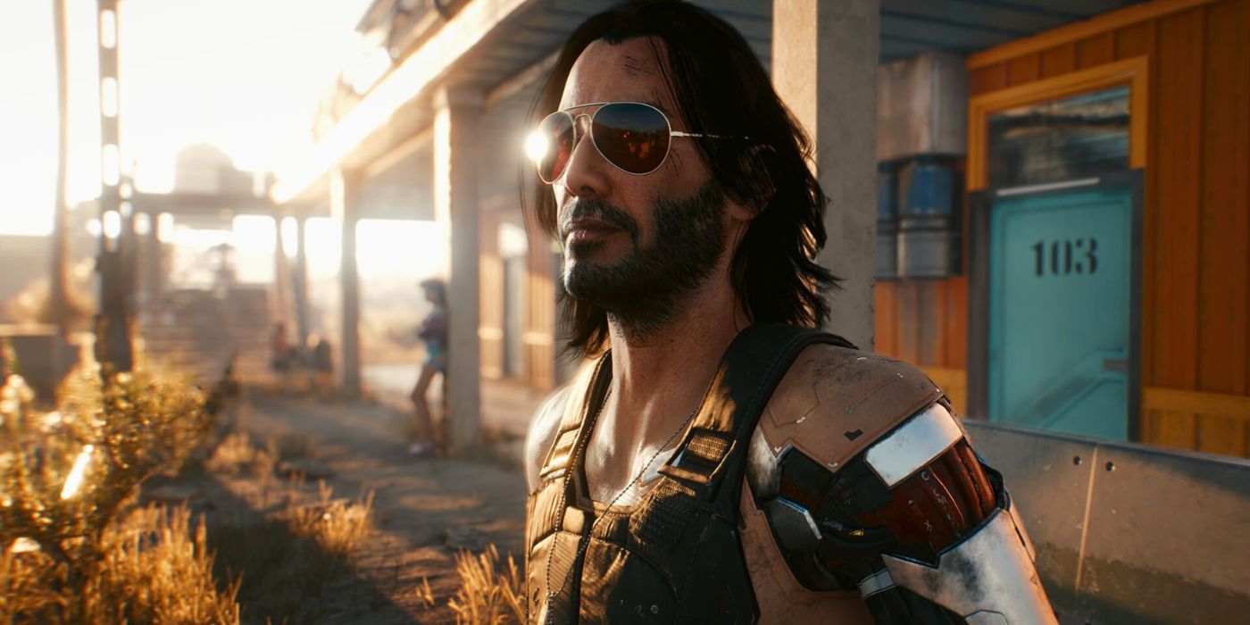 Johnny Silverhand looking at the sunset in Cyberpunk 2077