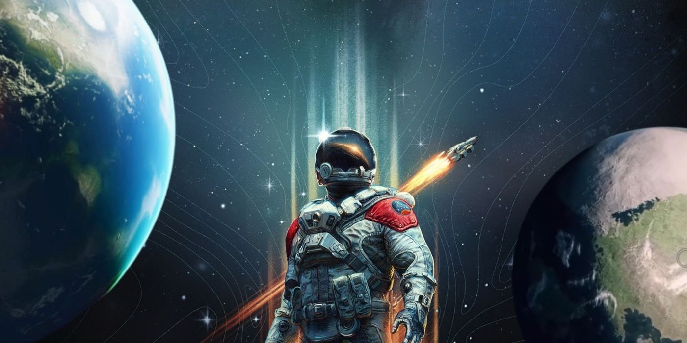 They player character in a space suit looking at the cosmos while a ship flies behind them