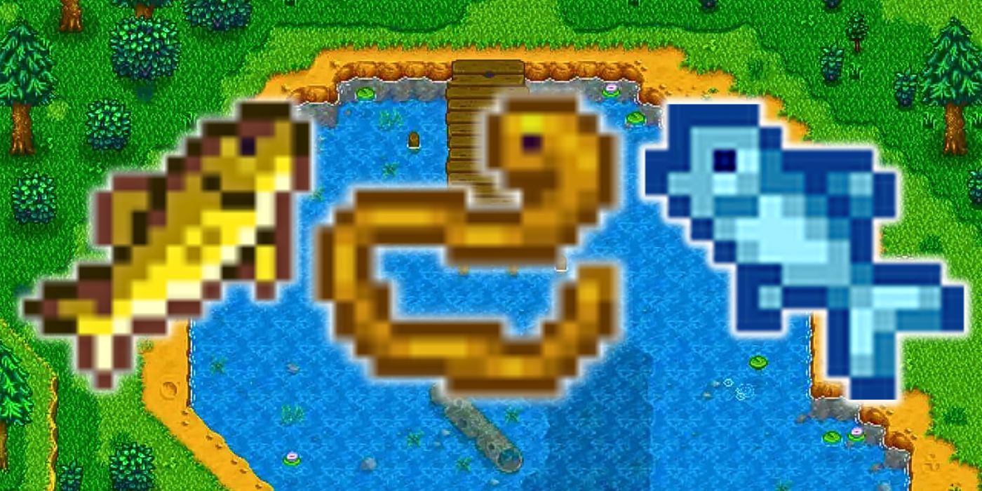 A Walleye, Eel, and Sardine overlaid onto an image of a lake in Stardew Valley