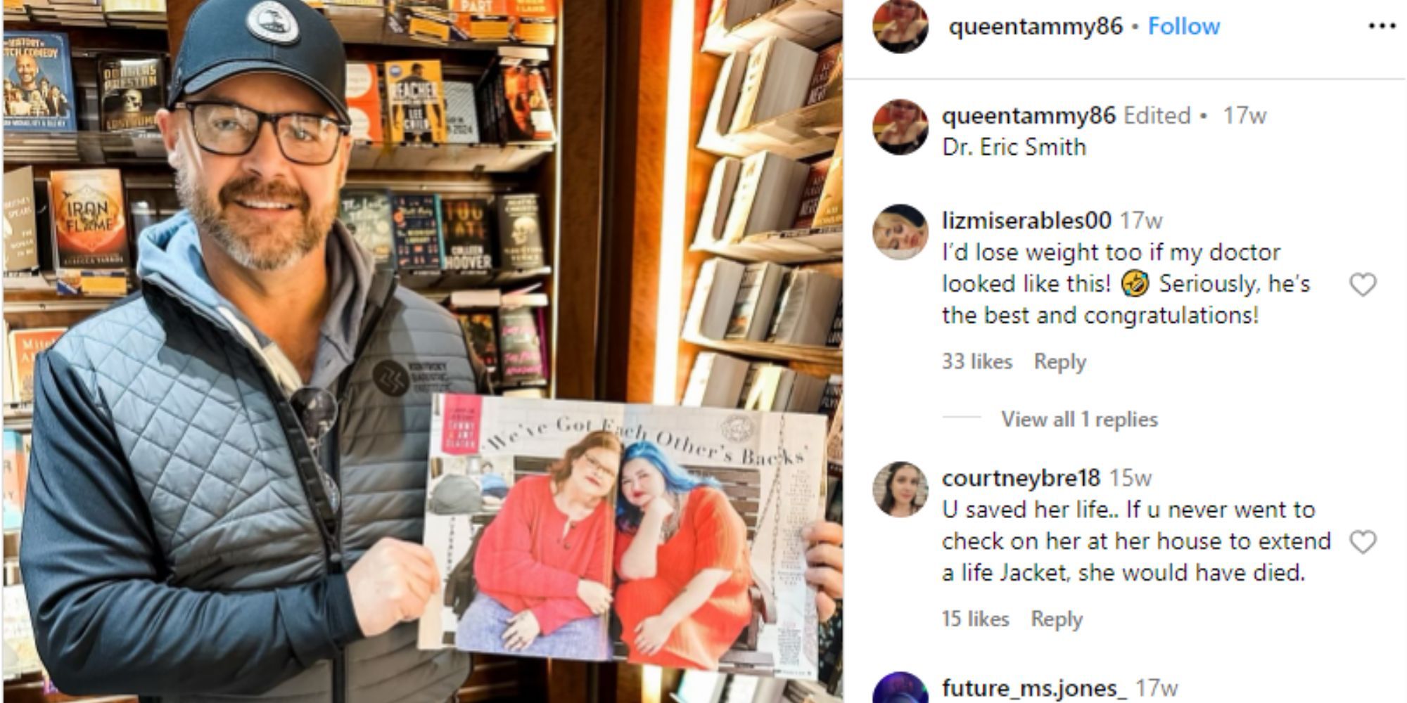 1000-lb sisters dr eric smith at a bookstore, holding up a magazine photo of Tammy & Amy slaton