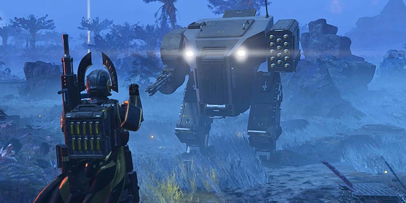 A lone Helldiver salutes at a powered-up mech suit