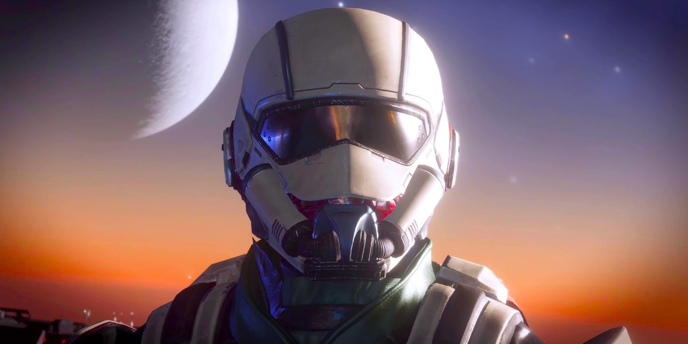 A Helldiver wearing a white helmet with the backdrop of a setting sun