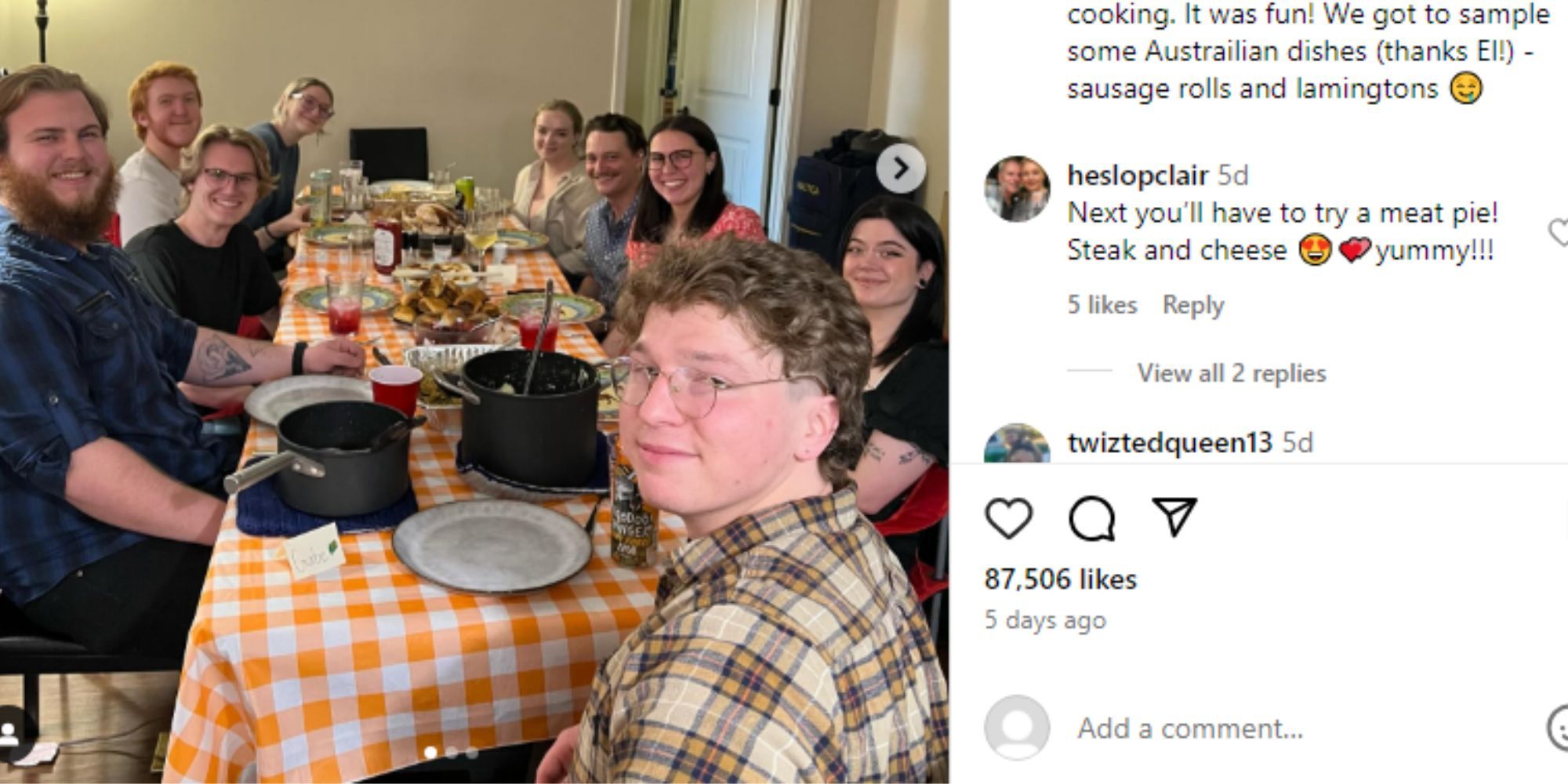 Sister wives - Gabriel Brown & 8 friends seated at a long table, with a feast laid out before them on a checkerboard table cloth