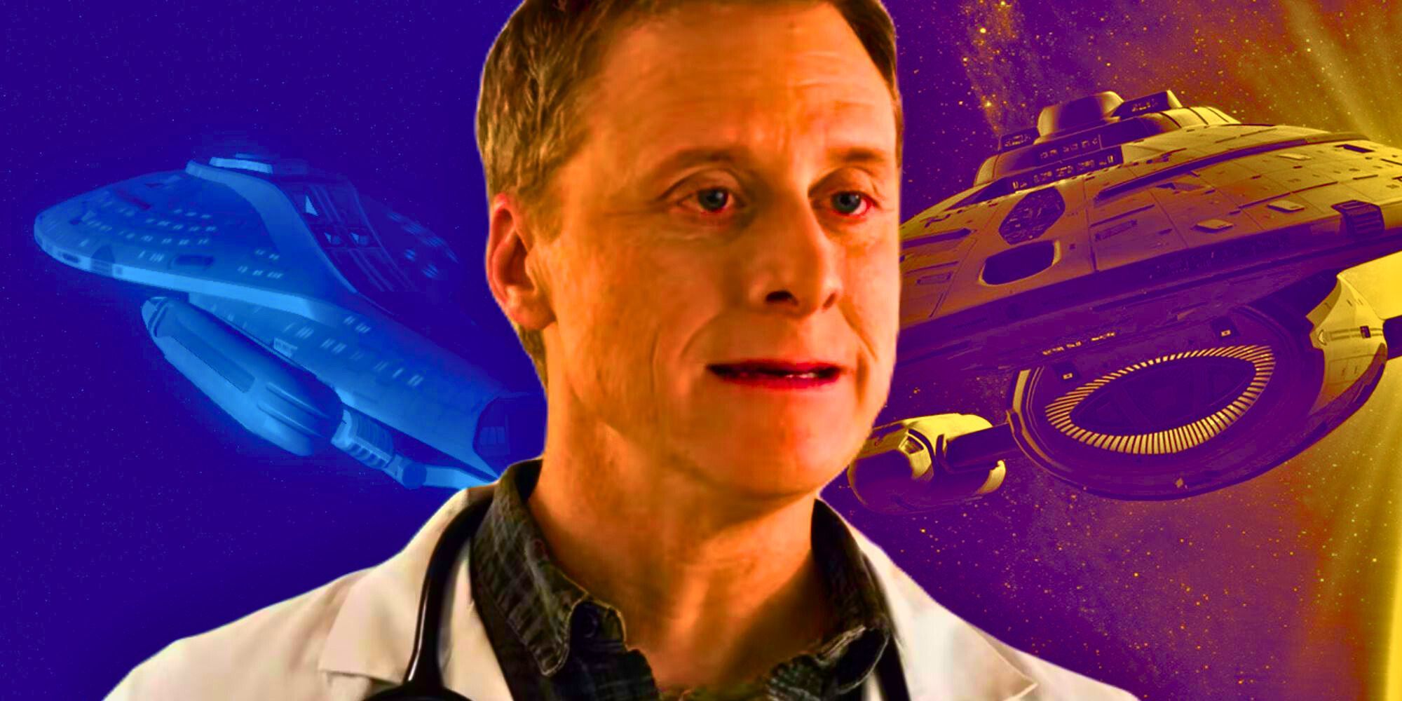 A custom image of Alan Tudyk as Harry Vanderspeigle from Resident Alien against a backdrop of imagery from Star Trek: Voyager