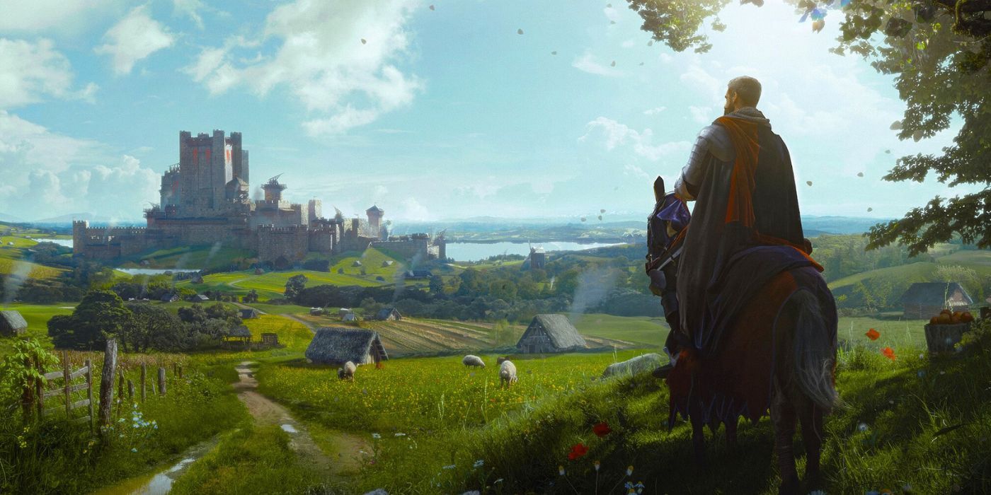 A regal looking individual riding a horse while looking out over a valley filled with farms and a castle