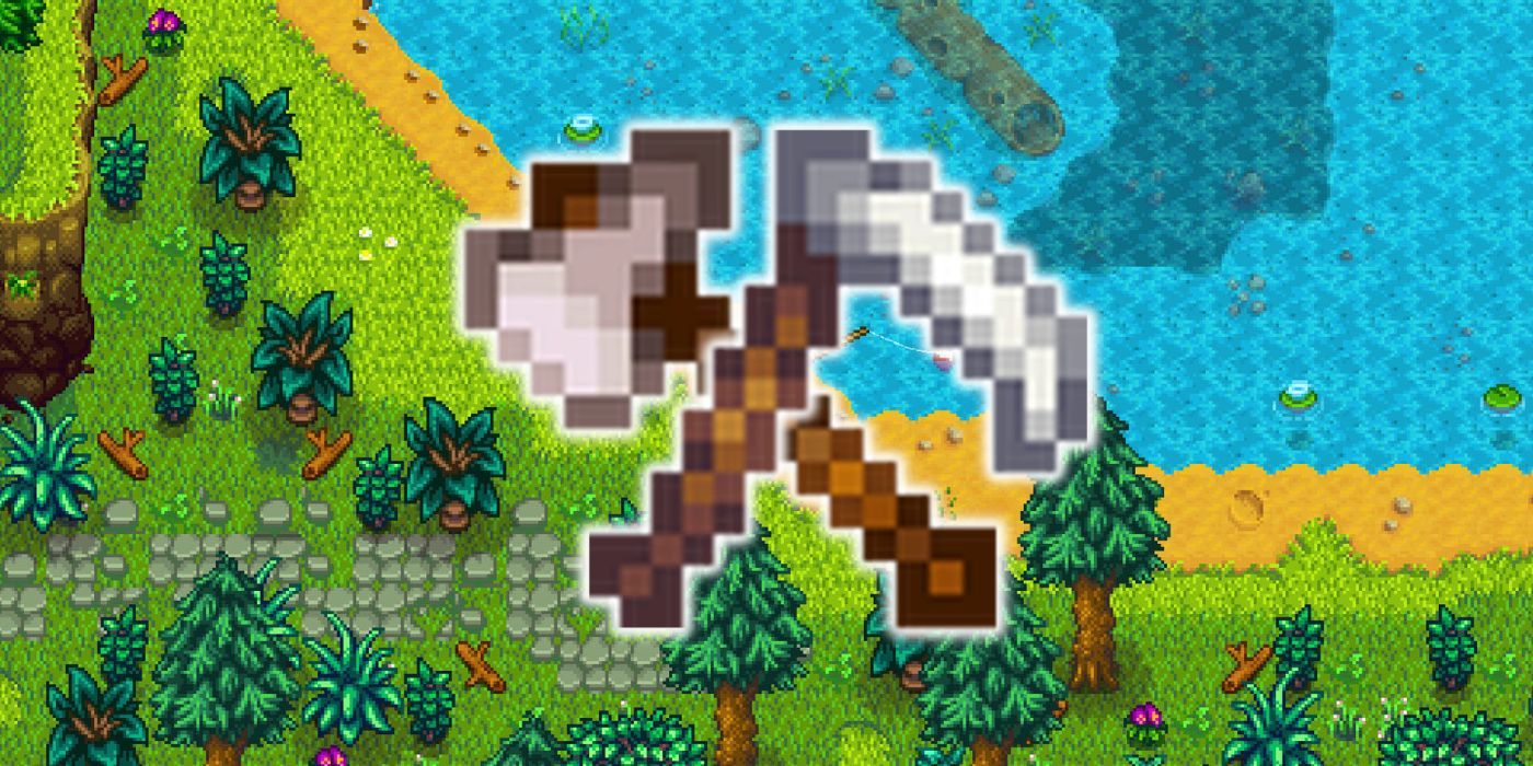 A scythe and axe from Stardew Valley overlaid onto an image of a farmer fishing