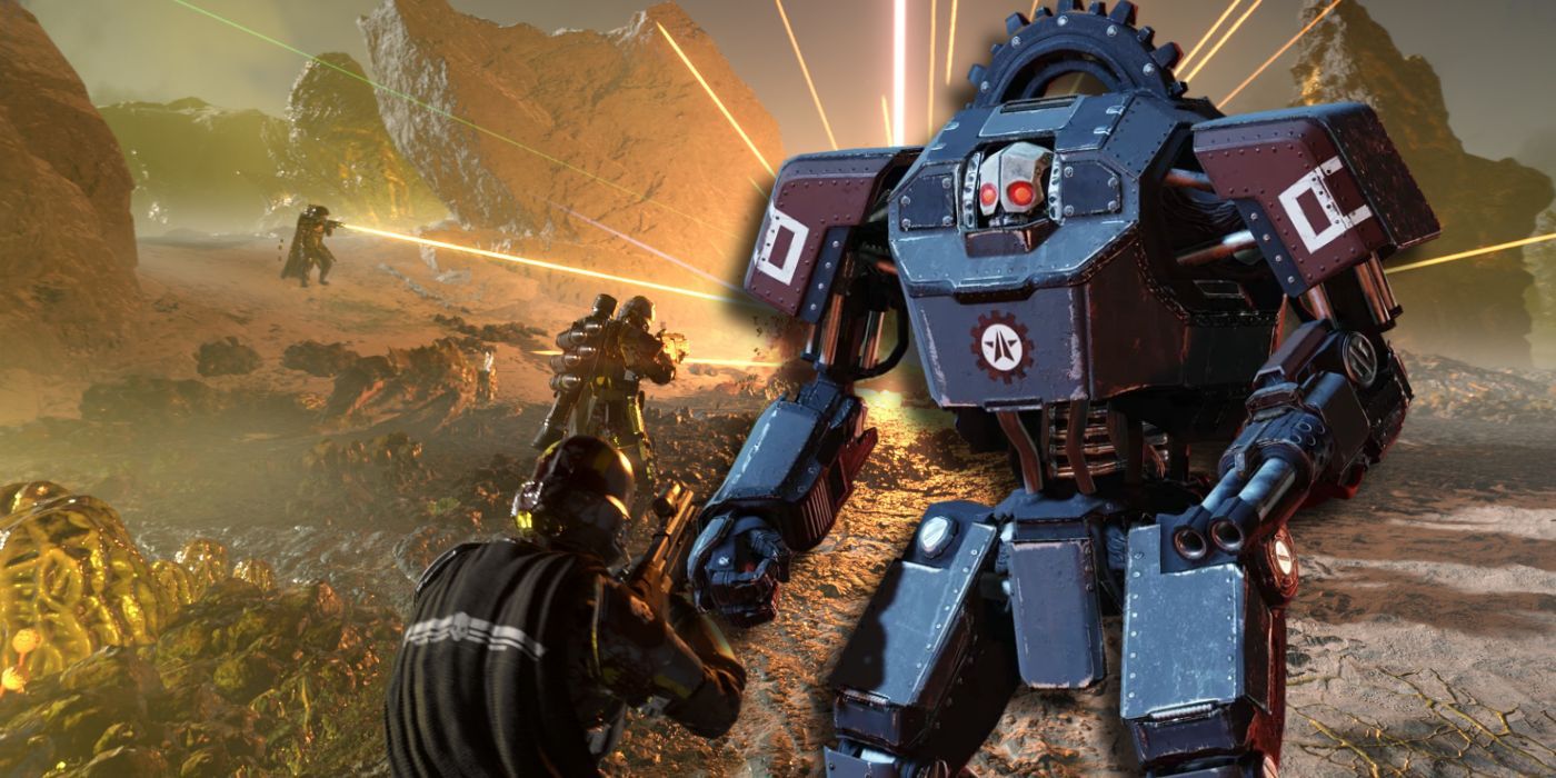 A devastator in Helldivers 2 alongside a squad of players firing explosive rounds