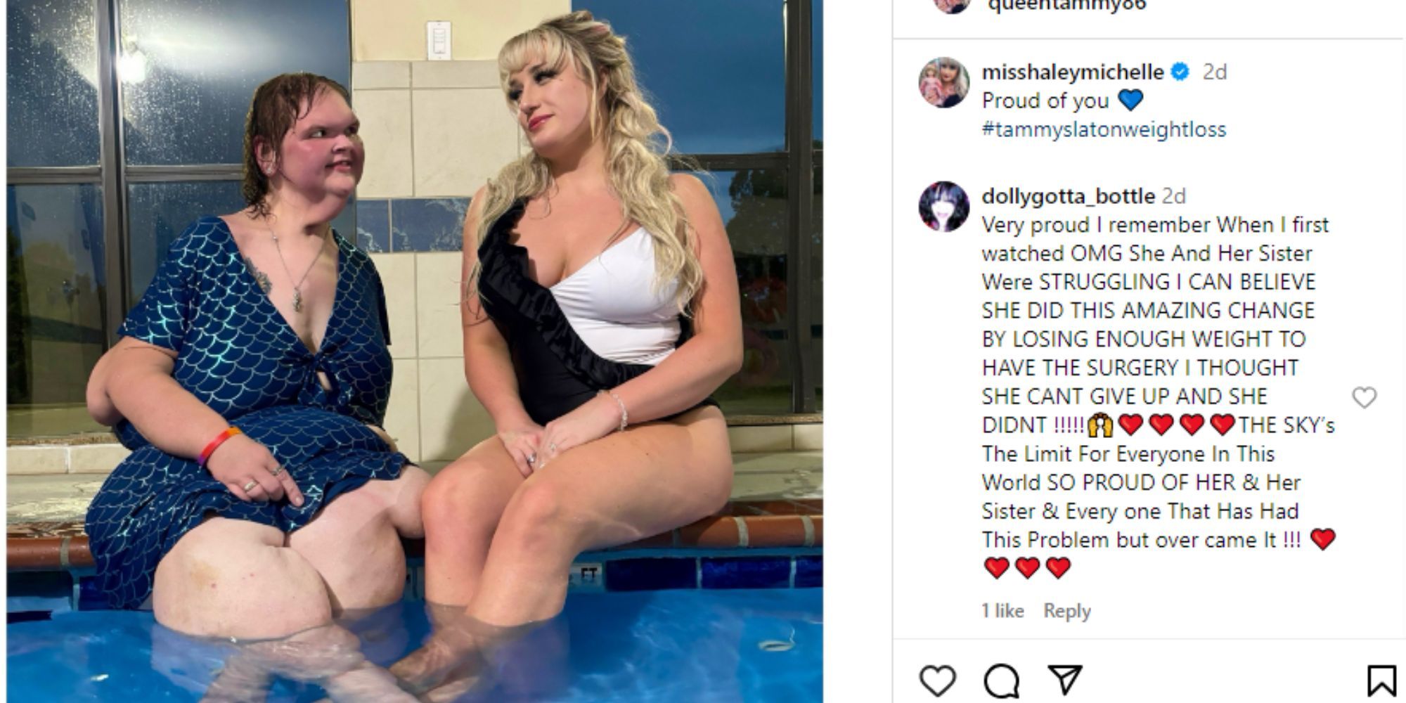 1000-lb Sisters' Tammy Slaton in mermaid swimsuit & Haley at the pool, sitting with their legs in the water, smiling at each other