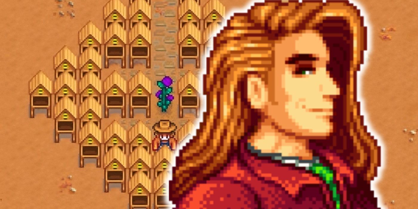 Stardew Valley's Elliot alongside a collection of beehives