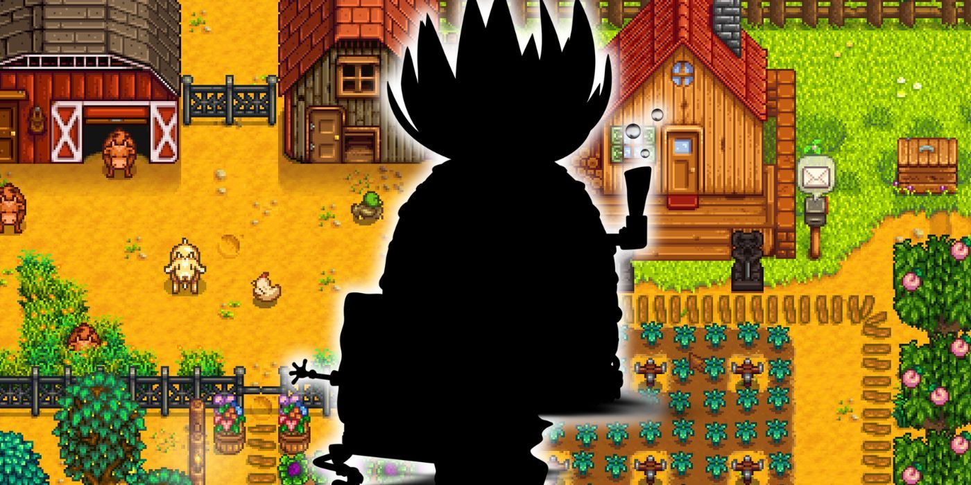 The shadow of Spongebob Squarepants and his pineapple house overlaid onto a farm from Stardew Valley