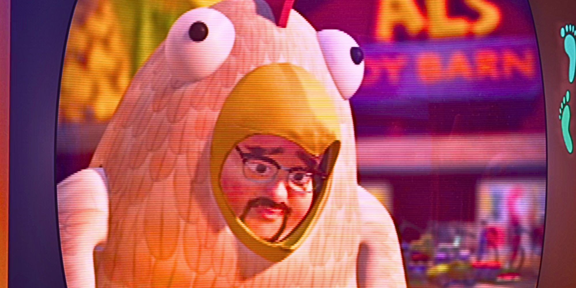 Al dressed as a chicken and looking sad in Toy Story 2