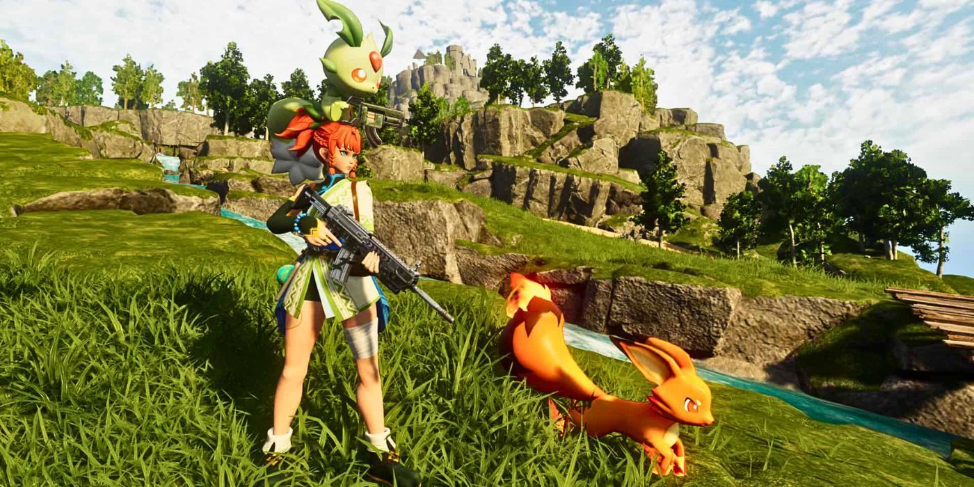 A Palworld player with a rifle and two Pals standing on a green and grassy hill