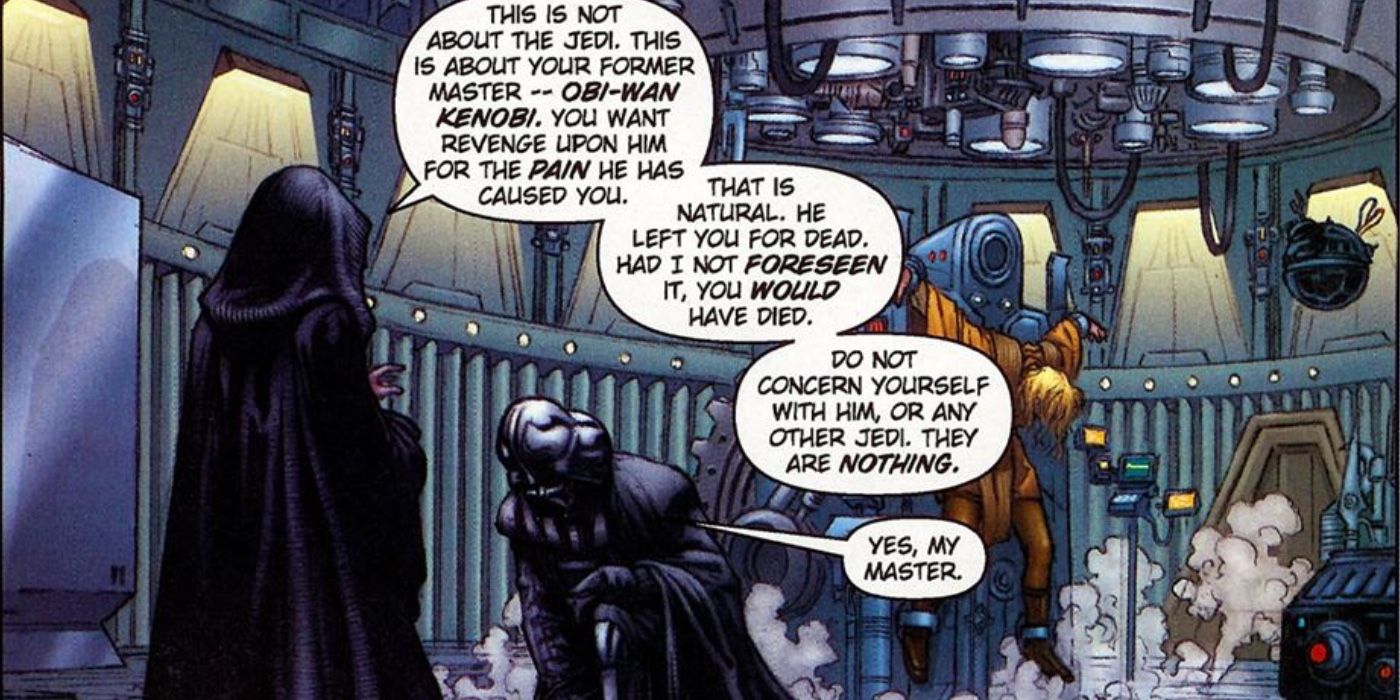 Palpatine explicando porque os Jedi não são mais uma ameaça enquanto Vader se ajoelha diante dele