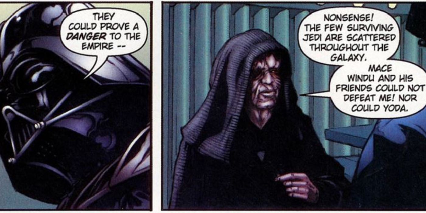 Vader conversando com Palpatine sobre os Jedi em dois painéis