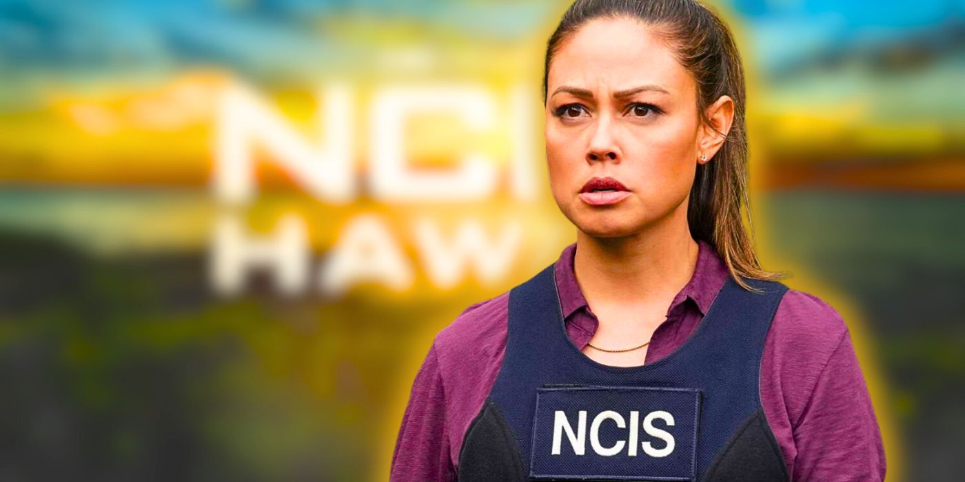 Vanessa Lachey in NCIS Hawai'i looking shocked with blurry title card background