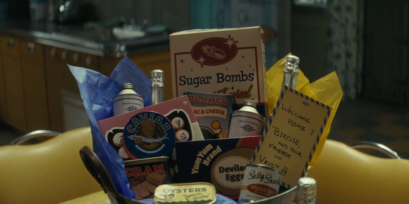 A basket of various food from Vault 4 in Fallout episode 6