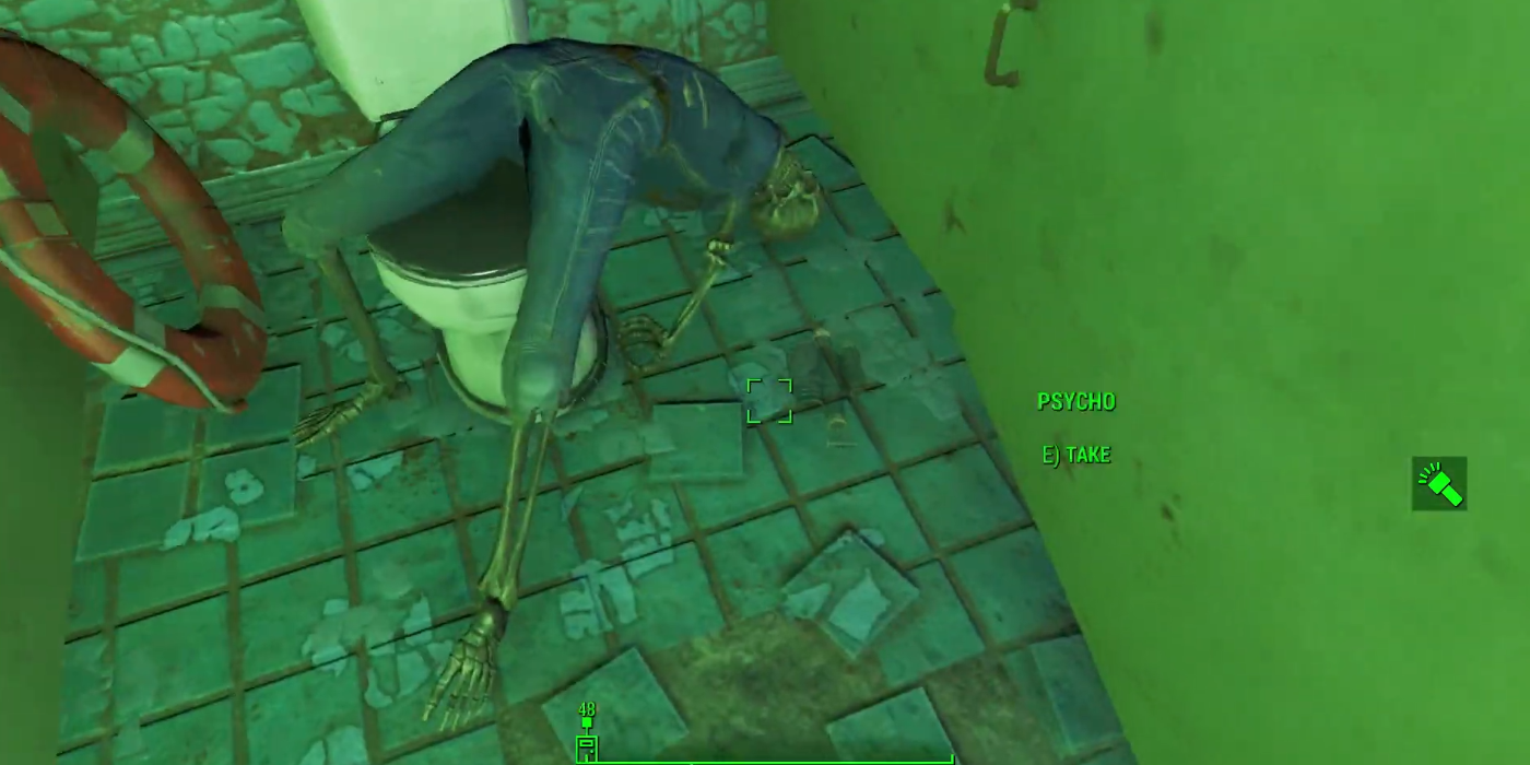 Chems encontrados com restos de esqueletos no Vault 95 em Fallout 4.