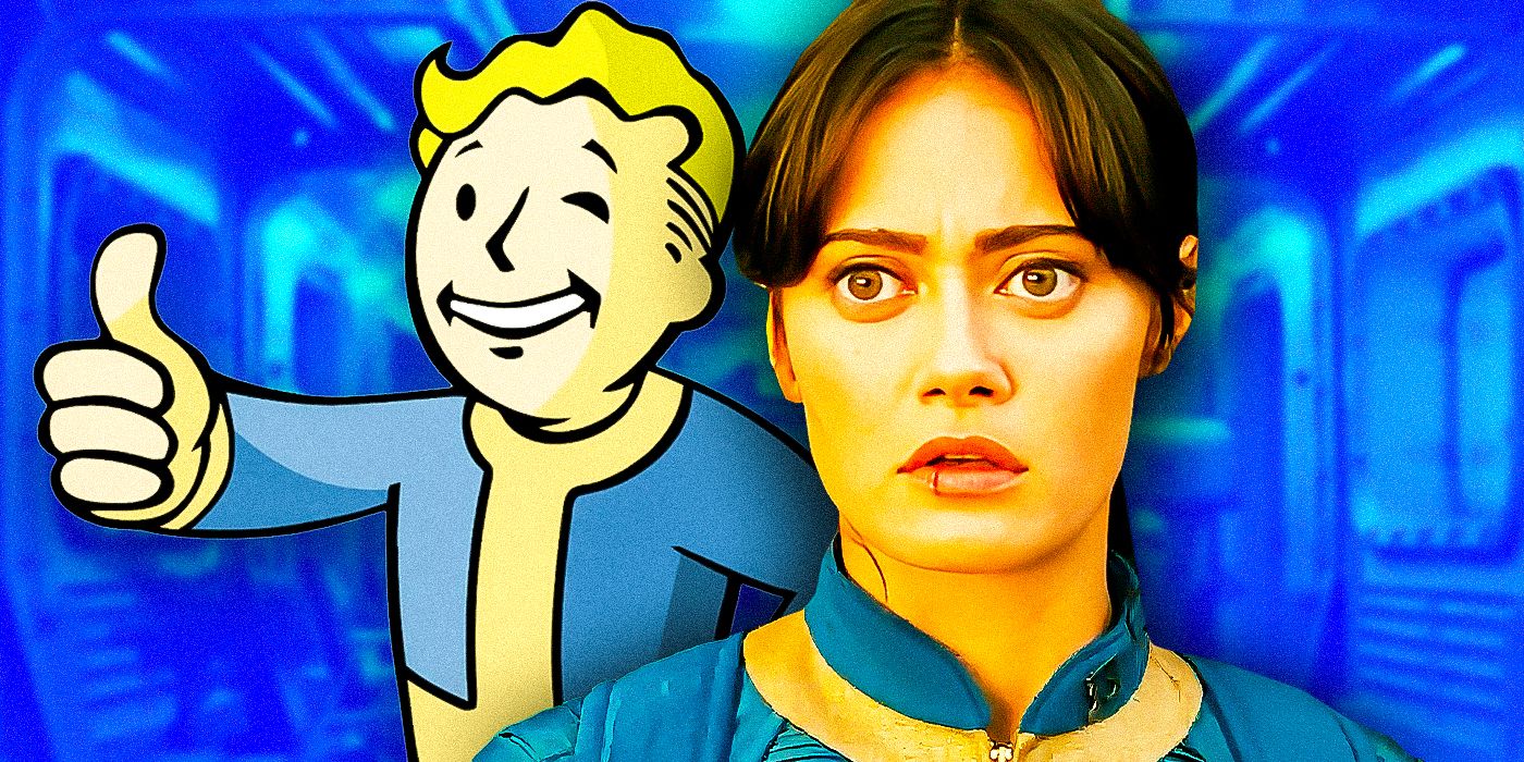 Vault Boy and Ella Purnell as Lucy from the Fallout TV show set against a background image of a vault colored blue