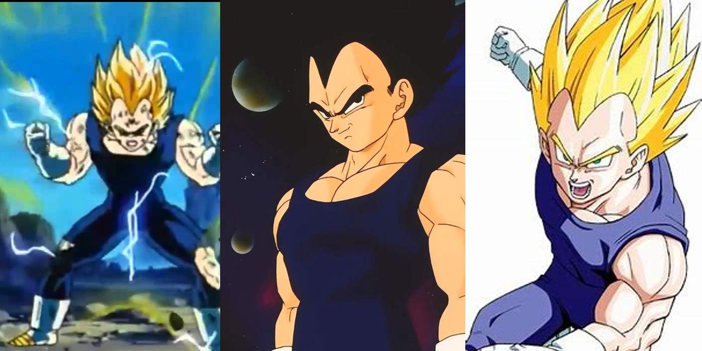 Vegeta em três imagens mostrando ele vestindo um macacão 