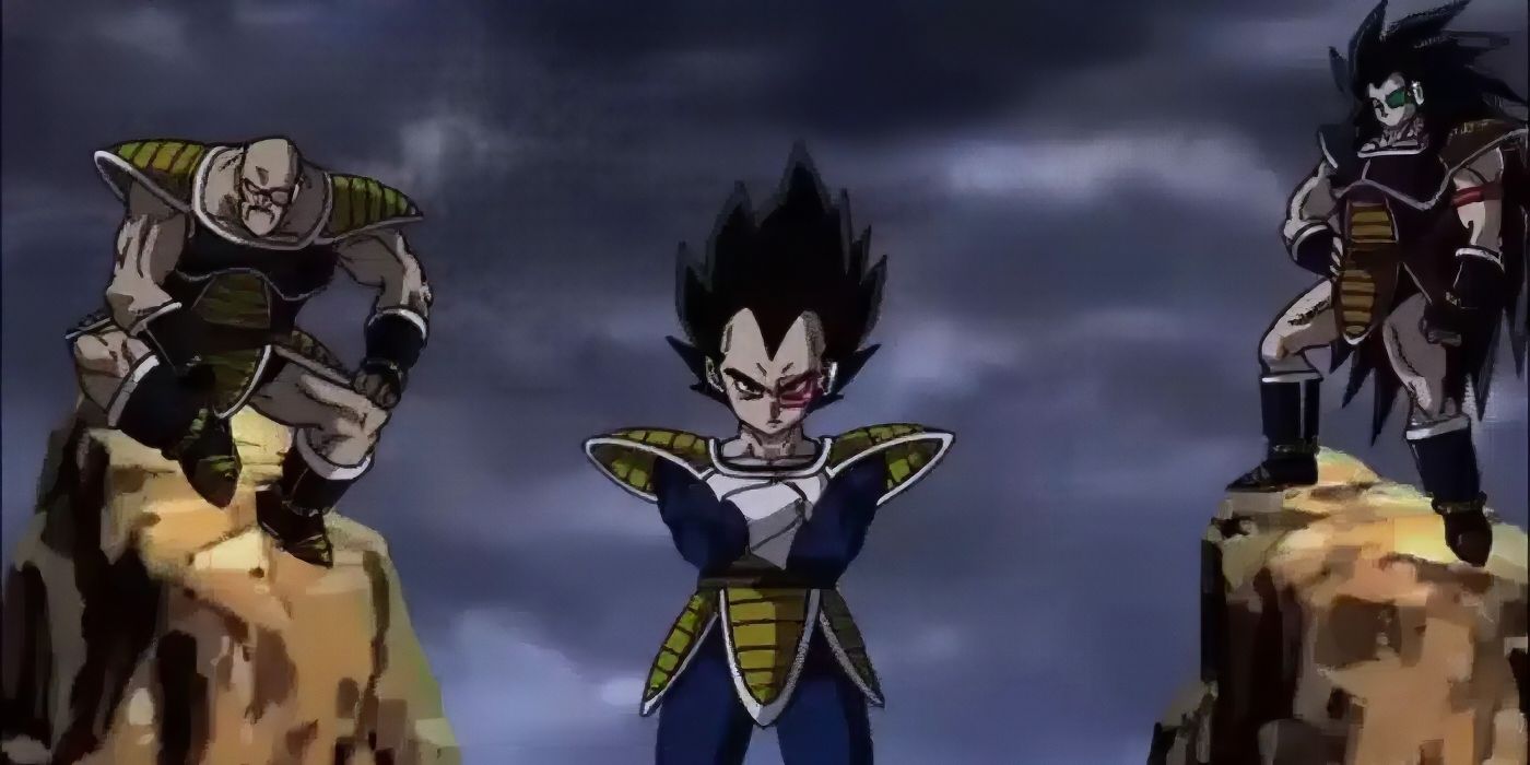 Vegeta standing battle-ready with Nappa and Raditz. 