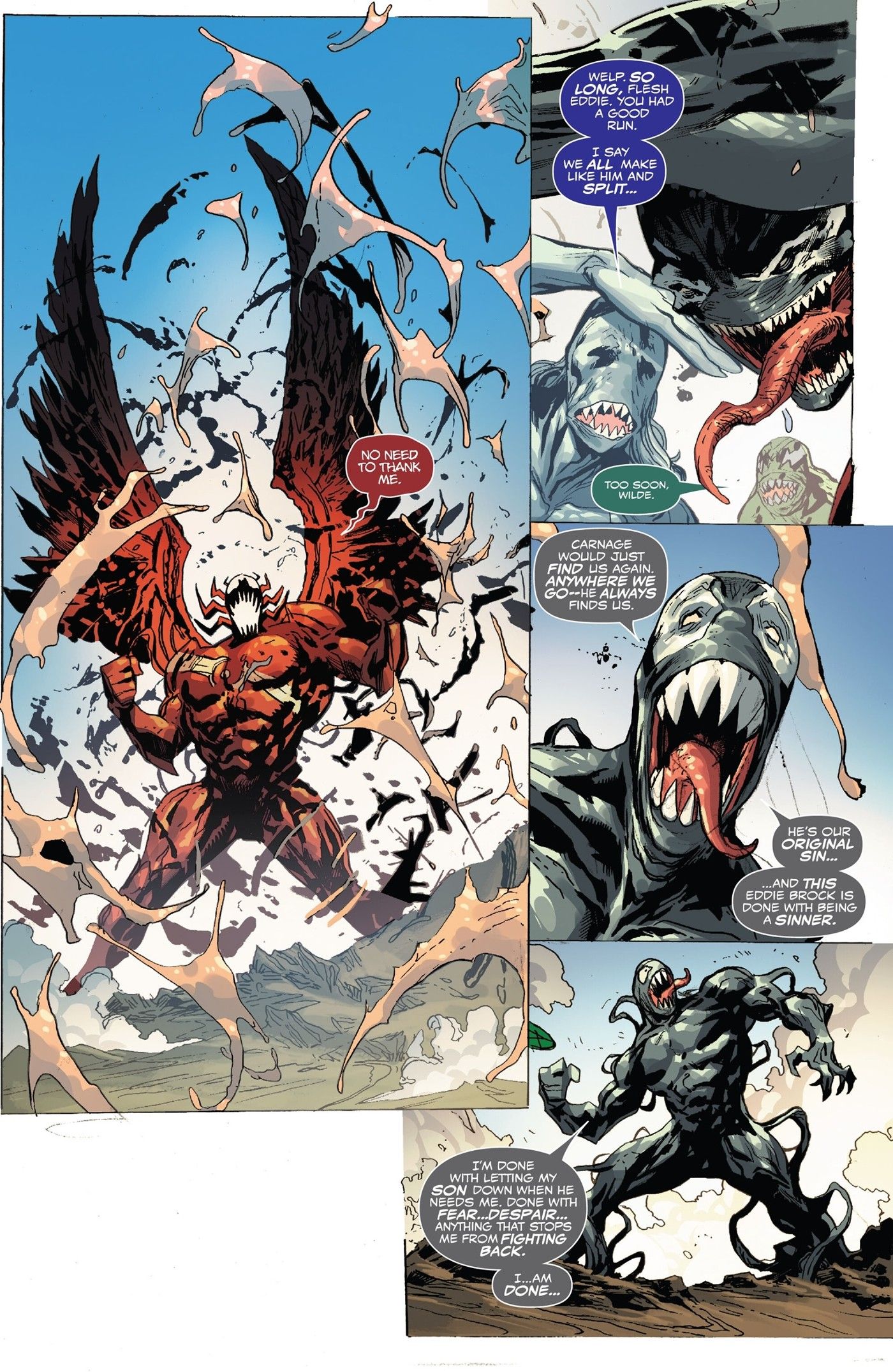 Four panels of symbiotes fighting Carnage