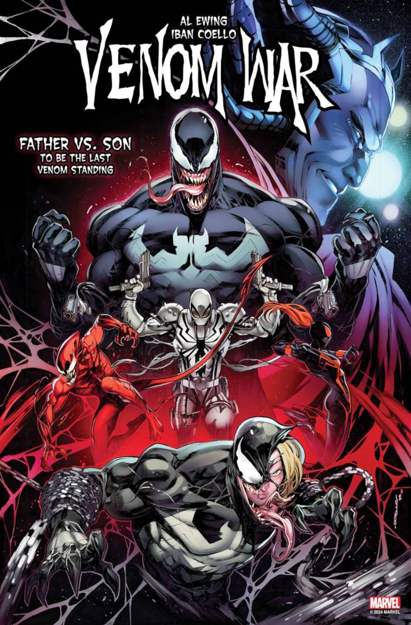 Venom War #1, apresentando vários personagens simbiontes presos em teias de gavinhas simbiontes