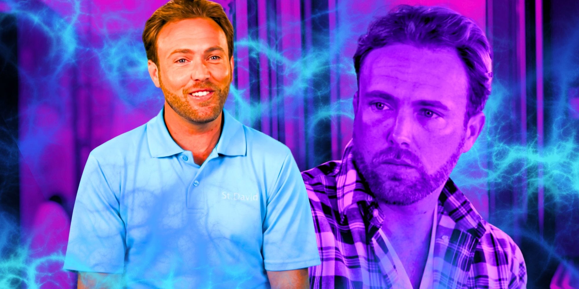 Below Deck season 11 Jared Woodin montage with blue lightning pattern and purple filtered background