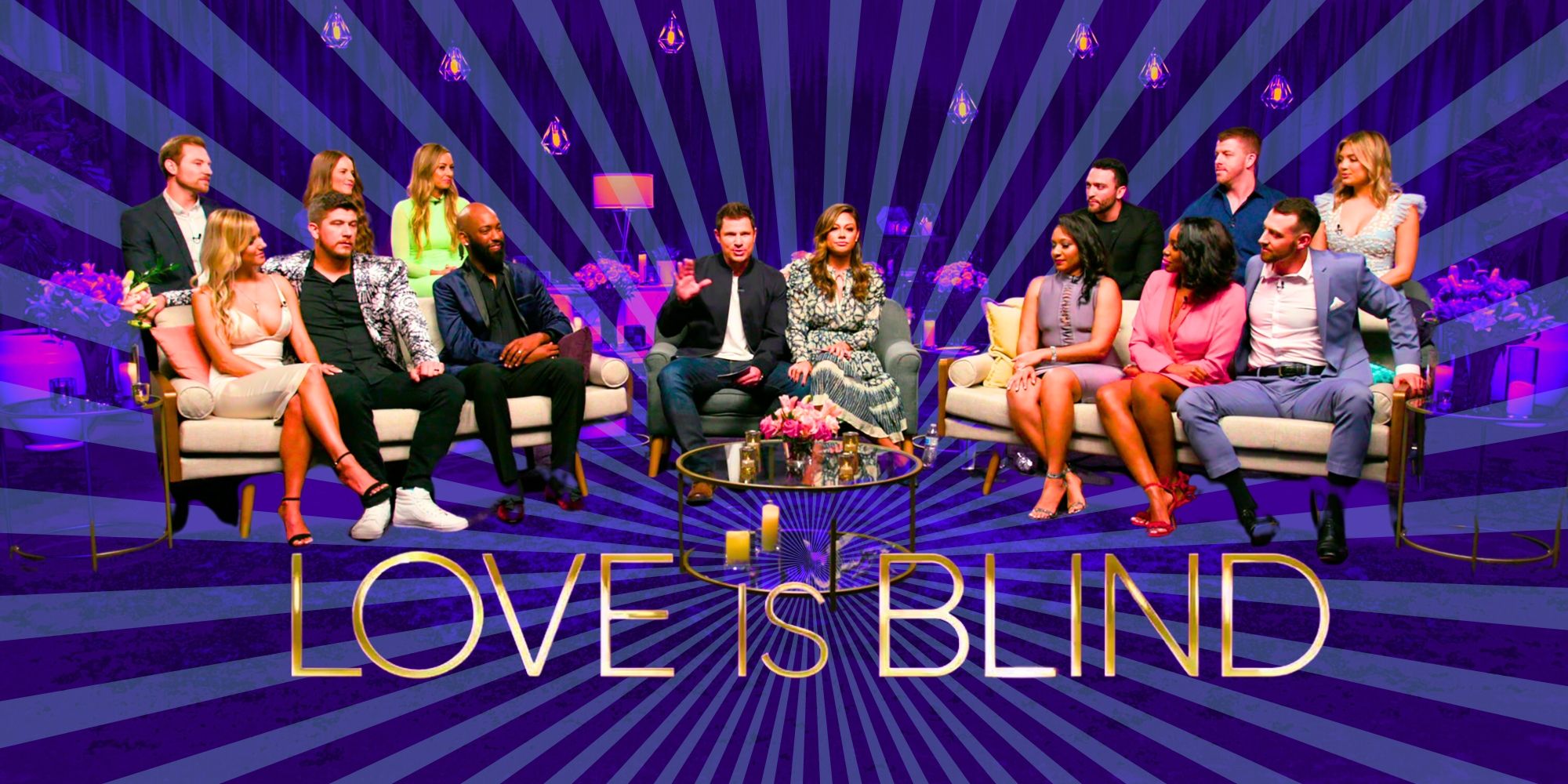   Love Is Blind, primeira temporada, elenco em foto promocional sentado em sofás com o logotipo do programa na frente