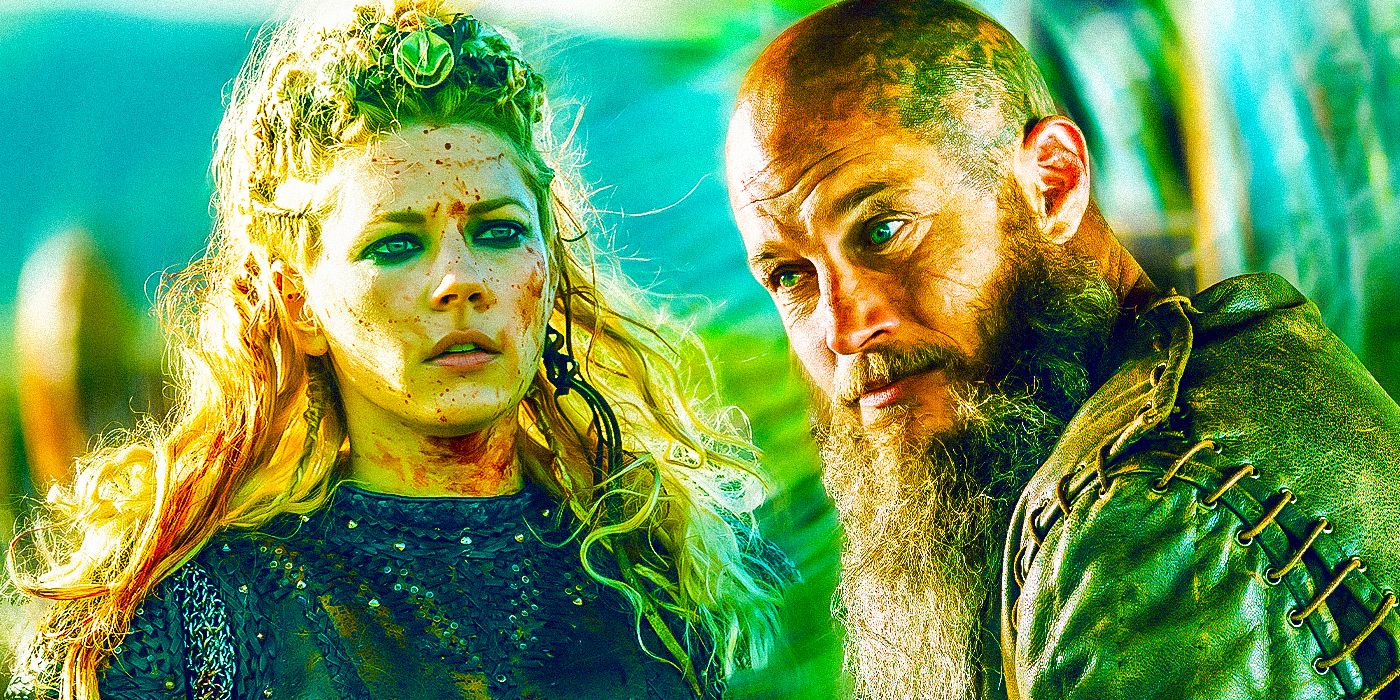Vikings Katheryn Winnick as Lagertha next to Travis Fimmel as Ragnar Lothbrok