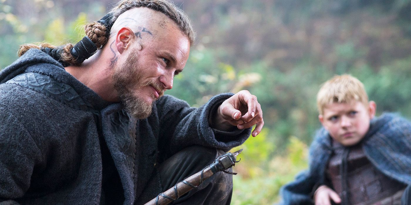 Ragnar teaching a young Bjorn in the woods in Vikings